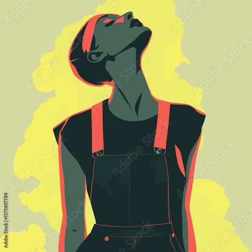 Stylized portrait of female in overalls with bold colors and highlights