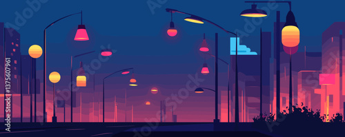 Urban evening street with colorful lights and buildings in a cityscape - vector.