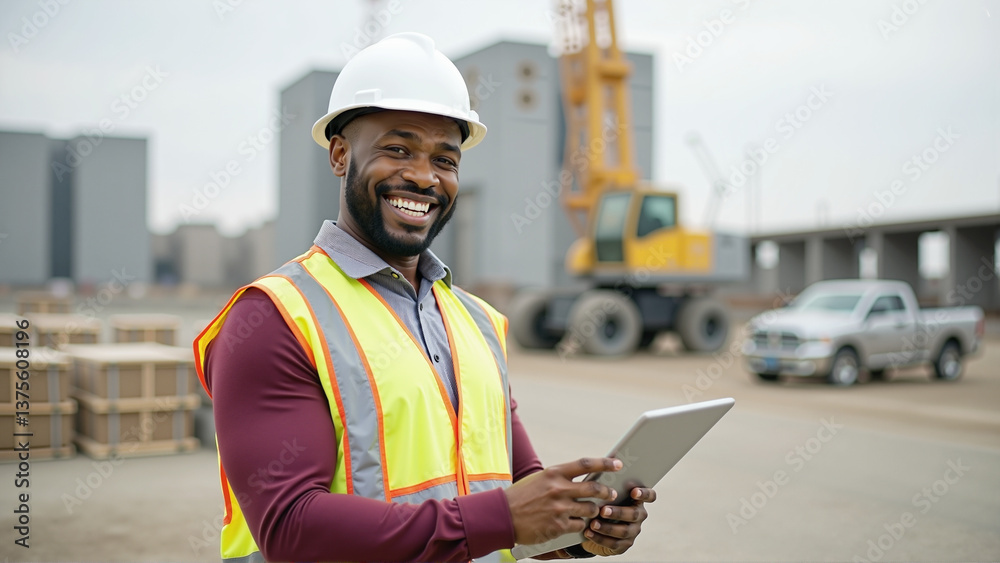 Fototapeta premium Smiling construction worker holding tablet, African man in safety gear on building site, modern urban environment, copy space.