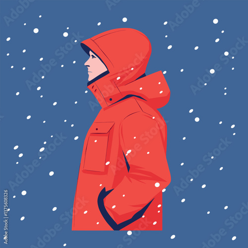 Profile of person in red winter coat amid falling snow