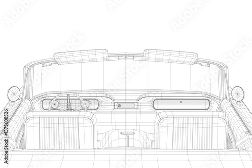 A drawing of a car with a windshield and a dashboard. The car is a vintage model. The drawing is in black and white