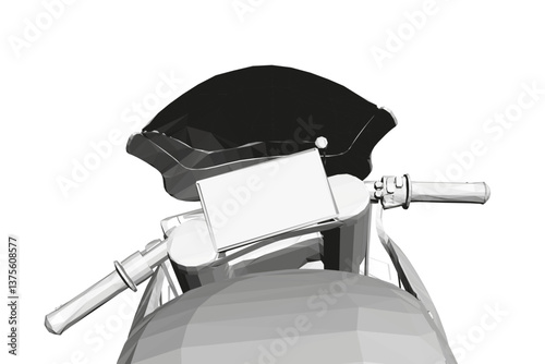 A motorcycle with a black windshield and a white handlebar. The handlebars have a white plate on them