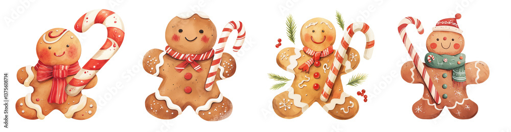 Naklejka premium Adorable Watercolor Gingerbread Men with Candy Canes Festive Christmas Treats Holiday Baking Illustration