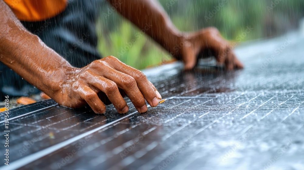 Hands working in rain on a wooden surface Hands working in rain on a wooden surface