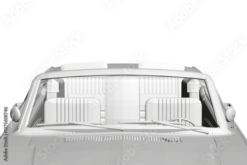 A white car with a windshield wiper and two seats. The car is parked on a white background