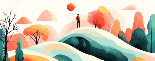 Abstract landscape with person on hilltop under sun and colorful trees - vector.