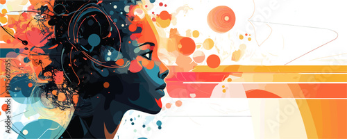 Abstract portrait of a woman with vibrant colors and geometric patterns - vector.