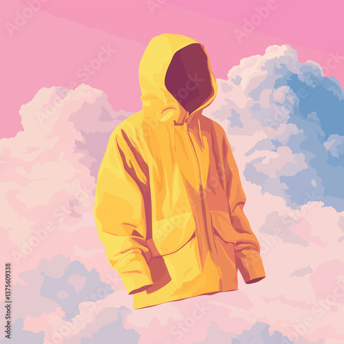 Yellow hoodie floating in surreal pink sky with fluffy clouds