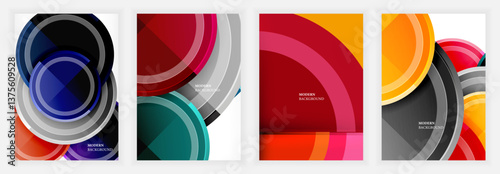 Series of modern posters with large overlapping circular shapes in red, blue, teal, yellow, and gray tones, combining gradients, transparency, and bold geometric layering