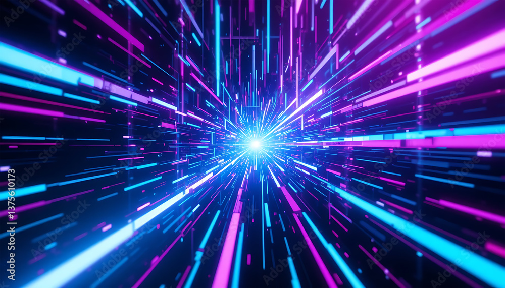 Abstract Light Speed Tunnel with Neon Lines and Bright Star Abstract Light Speed Tunnel with Neon Lines and Bright Star