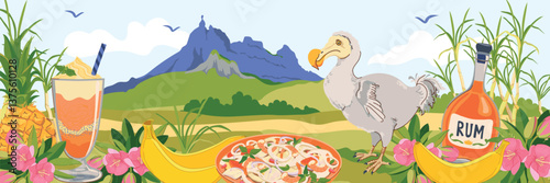 Mauritius landscape and famous landmarks of the island in flat style. Vector sugar cane, Mount Peter, endemic extinct bird Dodo, Mauritius flowers trochetia boutoniana, pineapple, falooda cocktail.