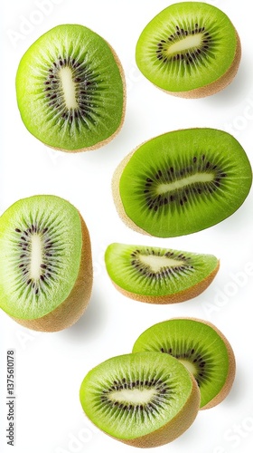 Sliced kiwi reveals vibrant green flesh and tiny black seeds against a clean white backdrop. A burst of natural beauty