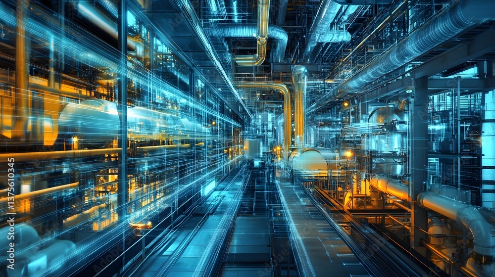 A futuristic industrial setting with pipes and wires. The image is a computer generated rendering of a large industrial facility A futuristic industrial setting with pipes and wires. The image is a computer generated rendering of a large industrial facility