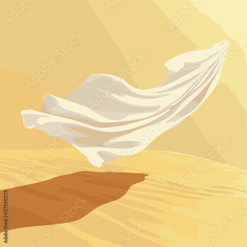 Flowing white fabric drifts gracefully above sandy desert landscape