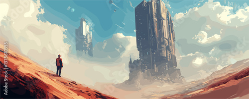 Futuristic landscape with monolithic structures in desert environment - vector.