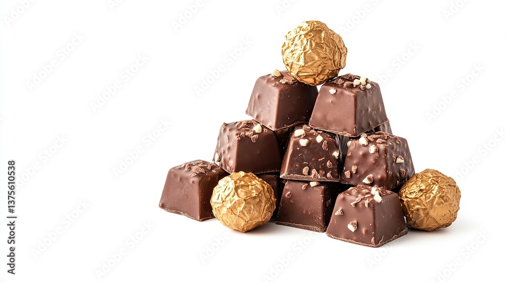 Decadent Chocolate Treats on White Background with Golden Candy Balls and Nut Toppings Decadent Chocolate Treats on White Background with Golden Candy Balls and Nut Toppings