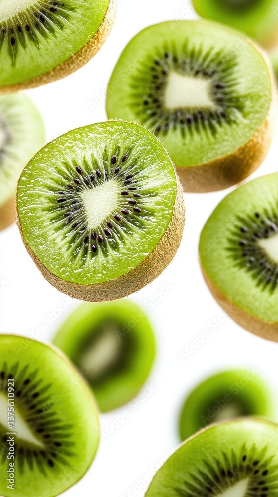 Fototapeta premium Sliced kiwi halves reveal vibrant green flesh and tiny black seeds, arranged in a striking circular pattern against a clean white background