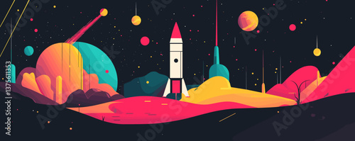 Vibrant rocket launch in colorful space landscape with planets and stars - vector.