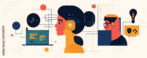 Abstract concept of technology collaboration and coding communication - vector.