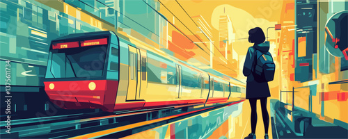 Urban commuter scene with modern train and backpacked figure in vibrant cityscape vector.