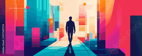 Silhouette of a man walking through a vibrant abstract cityscape - vector.