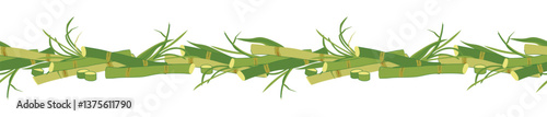 Seamless border of sugar cane with green leaves and yellow stems. Vector pattern for eco products design. Cut out cane shoots in flat style on white background. Ingredient for making sugar, syrup, rum