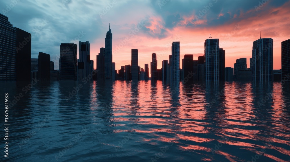 Fototapeta premium A dramatic city skyline submerged in water at sunset, showcasing reflections and a moody atmosphere.
