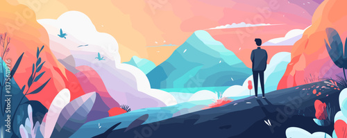 Man gazing at vibrant mountain landscape with colorful sky - vector.