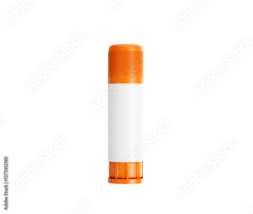 Close-up of a glue stick with a white body and orange cap. 3d illustration