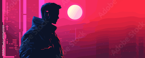 Futuristic cityscape with cyberpunk man silhouette and neon skyline at sunset - vector.
