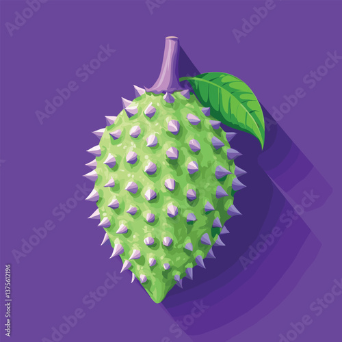 Spiky green fruit with leaf on vibrant purple background