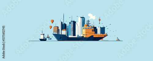 Cargo ships and skyscraper cityscape on blue ocean background vector.