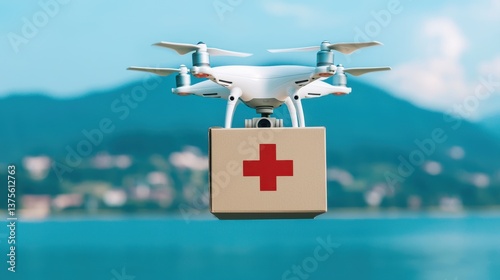 A drone delivers a medical supply box over water, showcasing innovative technology for healthcare solutions in remote areas.