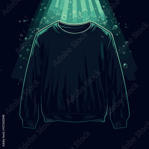 Neon glowing sweatshirt underwater with bubbles and light rays