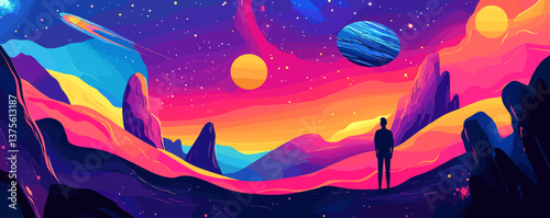 Surreal space landscape with silhouetted figure and vibrant planets - vector.
