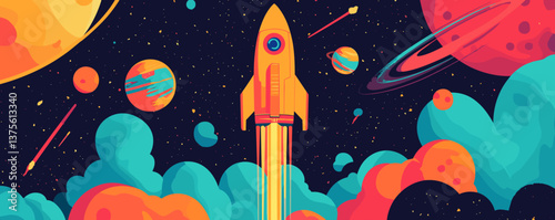 Rocket launching through colorful space with planets and stars – vector.