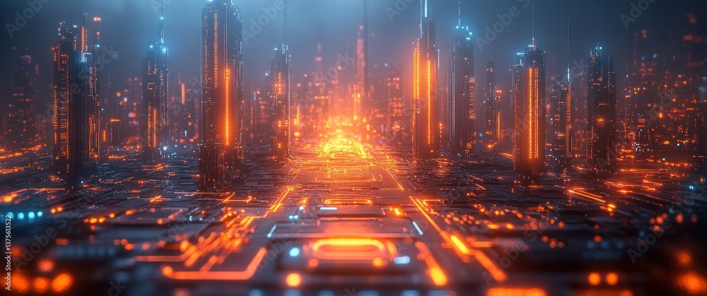 Fototapeta premium Futuristic Microchip Design in Cyberpunk Style with Printed Circuit Board Elements and High-Tech Aesthetic