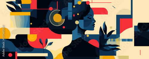 Abstract woman profile with colorful geometric shapes and leaves vector.