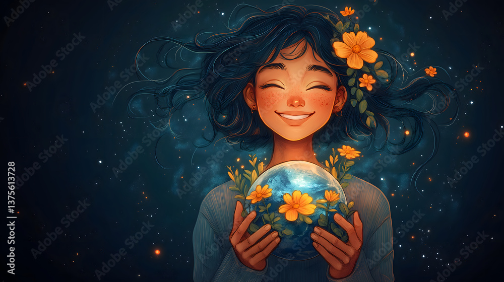 custom made wallpaper toronto digitalEmbracing Our Earth: An illustration of a cheerful woman tenderly cradling the earth, adorned with blooming flowers and beaming with happiness. Captures the delicate balance and beauty of our planet.