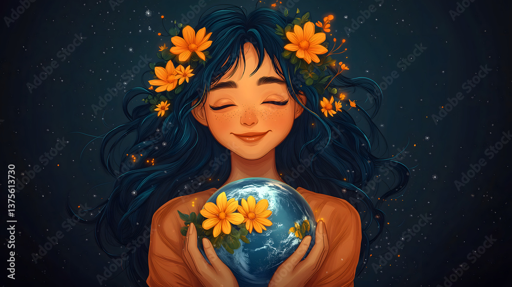 custom made wallpaper toronto digitalA Blooming Earth: An illustration of a serene woman tenderly holding a blossoming Earth. Depicting environmental care and love.