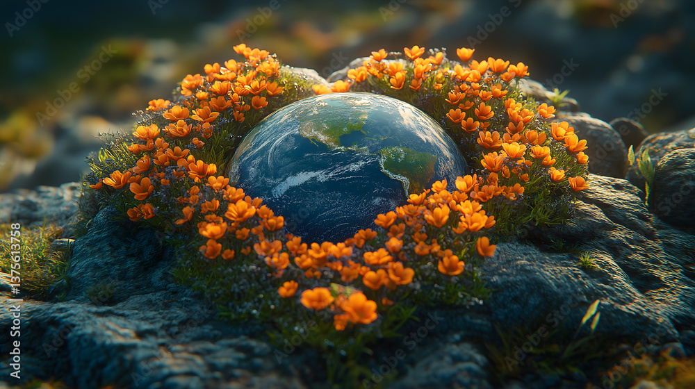 custom made wallpaper toronto digitalA blooming tribute: Earth, cradled by nature, symbolizes global care and environmental responsibility. A captivating image featuring the planet in a heart-shaped floral embrace, a call for change. 