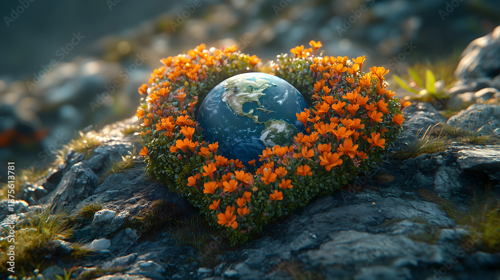 custom made wallpaper toronto digitalEarth's Embrace: A vibrant image of planet Earth nestled within a heart-shaped arrangement of blossoming flowers and lush foliage, symbolizing love for our planet and environmental care. 