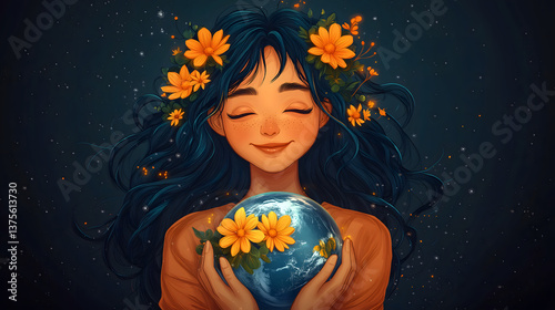 Wallpaper Mural A Blooming Earth: An illustration of a serene woman tenderly holding a blossoming Earth. Depicting environmental care and love. Torontodigital.ca