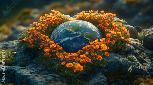 Wallpaper Mural A blooming tribute: Earth, cradled by nature, symbolizes global care and environmental responsibility. A captivating image featuring the planet in a heart-shaped floral embrace, a call for change.  Torontodigital.ca