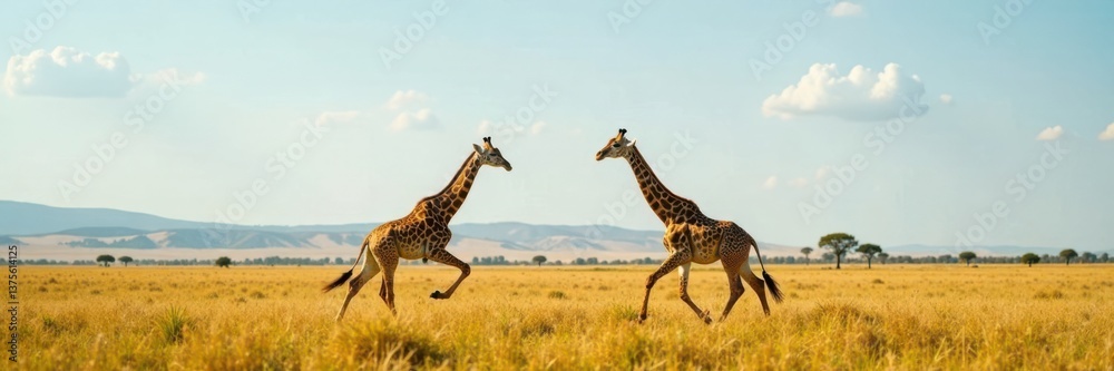 Obraz premium Long neck giraffes running, grasslands, africa