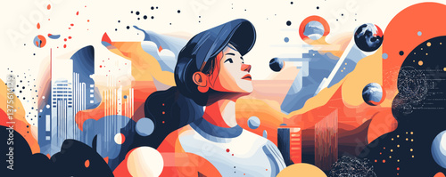 Futuristic urban dreamer gazing at cityscape with abstract elements, cap and planets - vector.