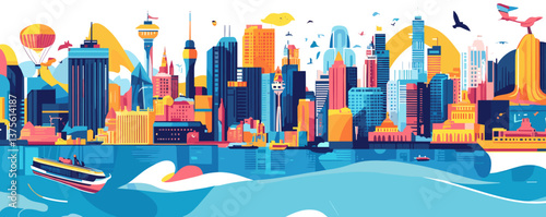 Vibrant cityscape with modern skyscrapers, boats, and birds - vector.