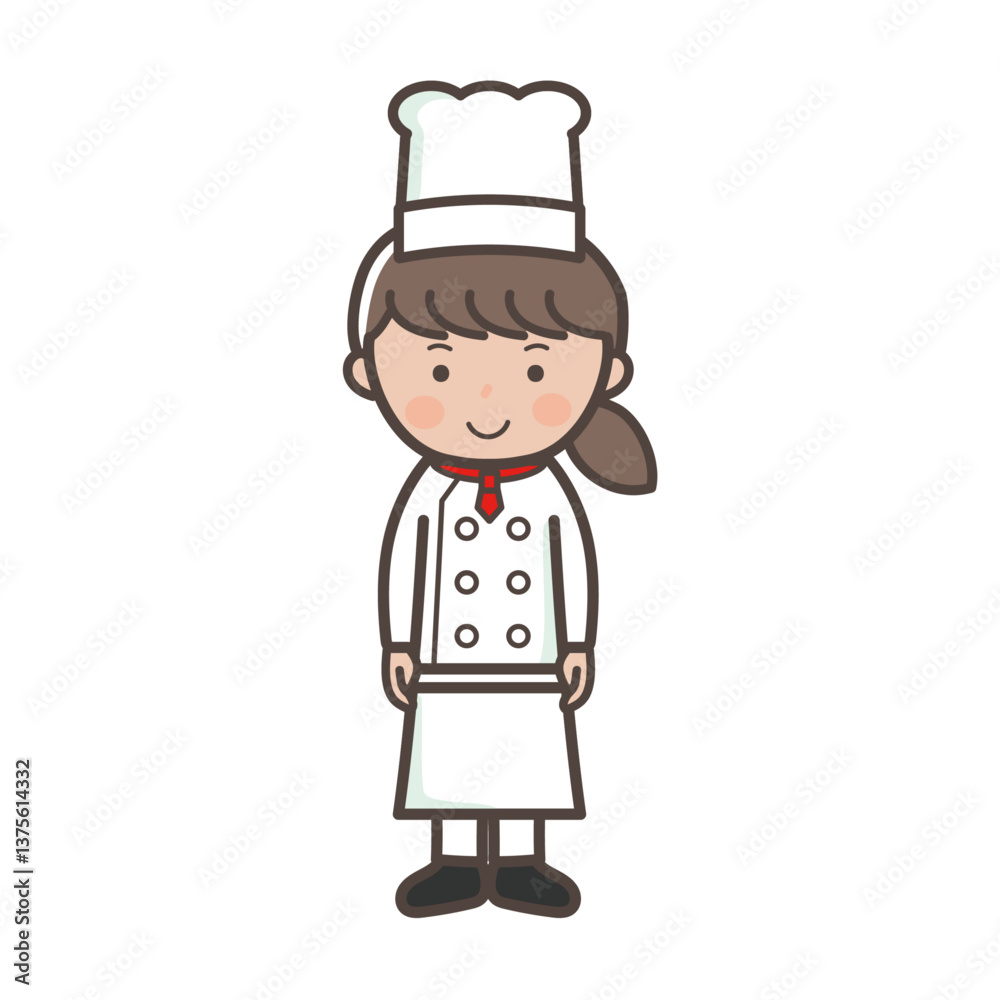 笑顔で正面を向く若い女性コックさんの全身イラスト 笑顔で正面を向く若い女性コックさんの全身イラスト
