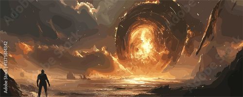 Surreal cosmic landscape with figure and fiery vortex at sunset - vector.