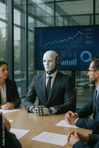 Robot humanoïde en costume participant à une réunion d'affaires avec des humains dans une salle de conférence moderne, intelligence artificielle en entreprise